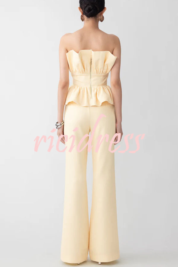 Every Occasion Crepe Panel Ruffles Strapless Top and High Rise Pocketed Flare Pants Set