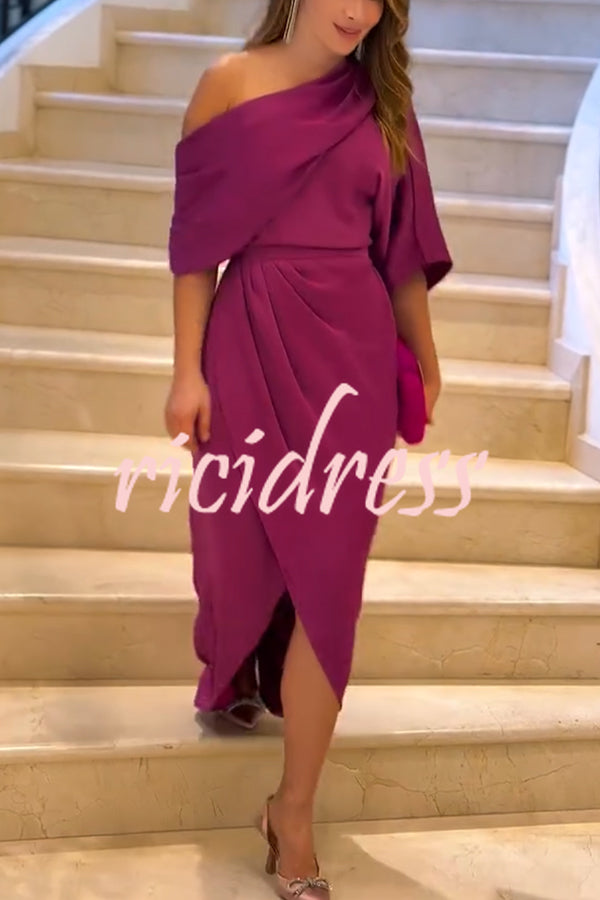 Whispered Yes Satin Irregular Lapel Neckline Design Ruched Maxi Dress