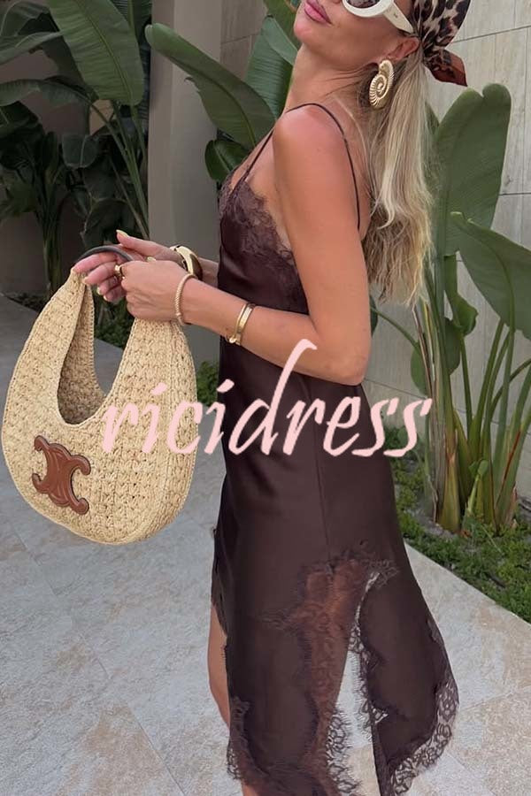 Elouise Satin Lace Trim V-neck Asymmetrical Hem Slip Mini Dress