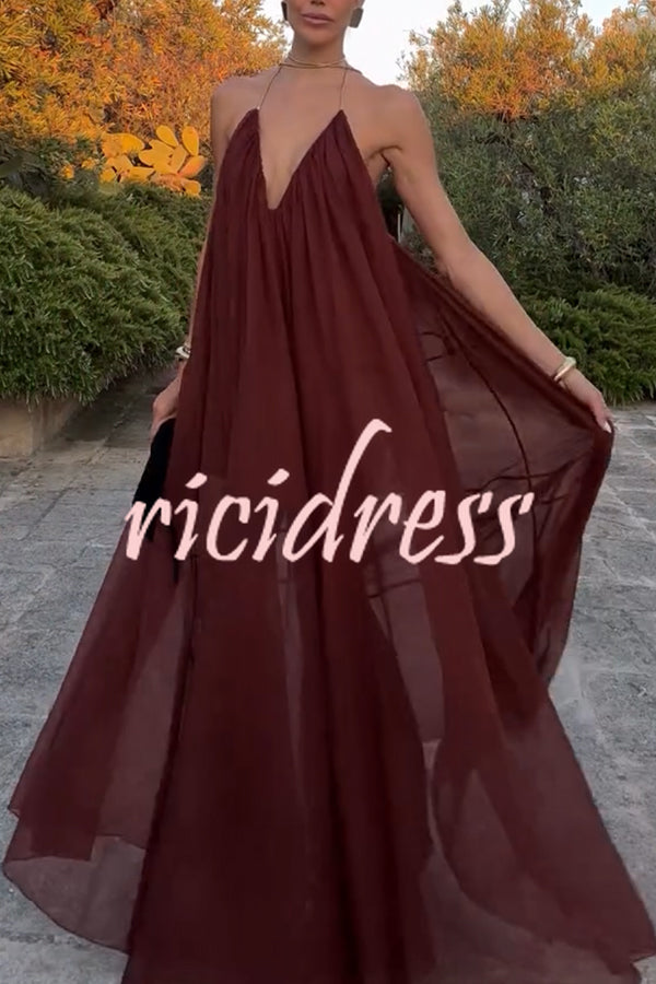 Flowing Lightweight Chiffon Chain Halter Neck Detail Backless A-line Maxi Dress