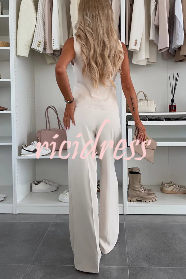 Workplace Chic Sleeveless Button Vest and Relaxed Pocket Wide Leg Pants Set