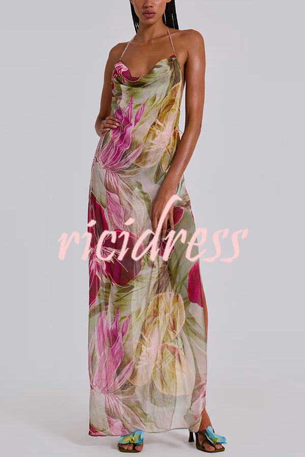 Floral Print Sexy Backless Slit See-Through Holiday Maxi Dress