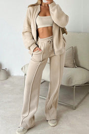 Solid Color Long-sleeved Zip-up Sports Jacket and Casual Elastic Waist Pocket Pants Set