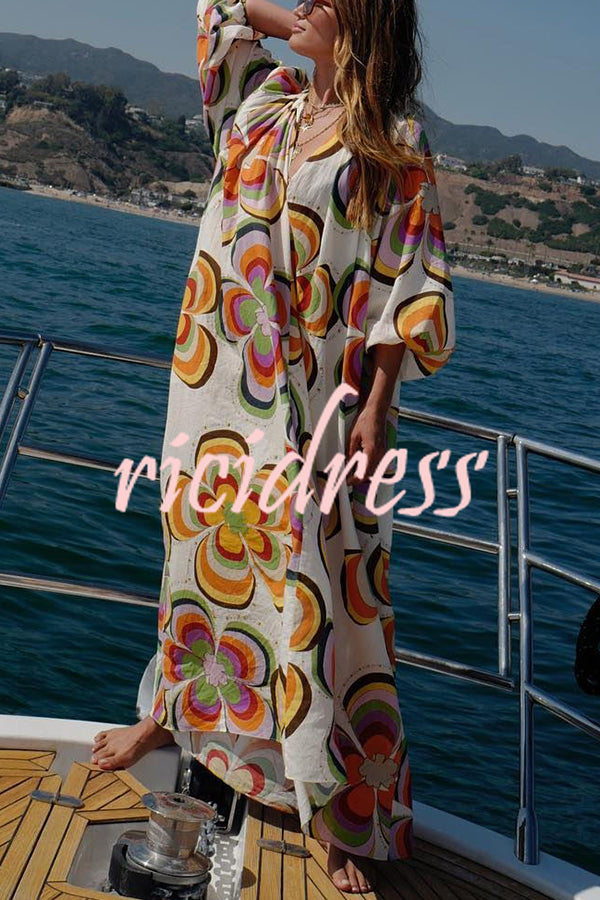 Boat Days Unique Print Balloon Sleeve Pocketed Loose Robe Maxi Dress