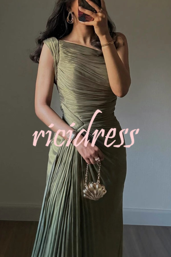 Fashion One-shoulder Pleated Ribbon Slim Slit Maxi Dress
