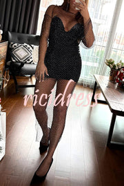 Best Layering Items Diamond Mesh Wide Neck Long Sleeve Slit Cover-up Maxi Dress