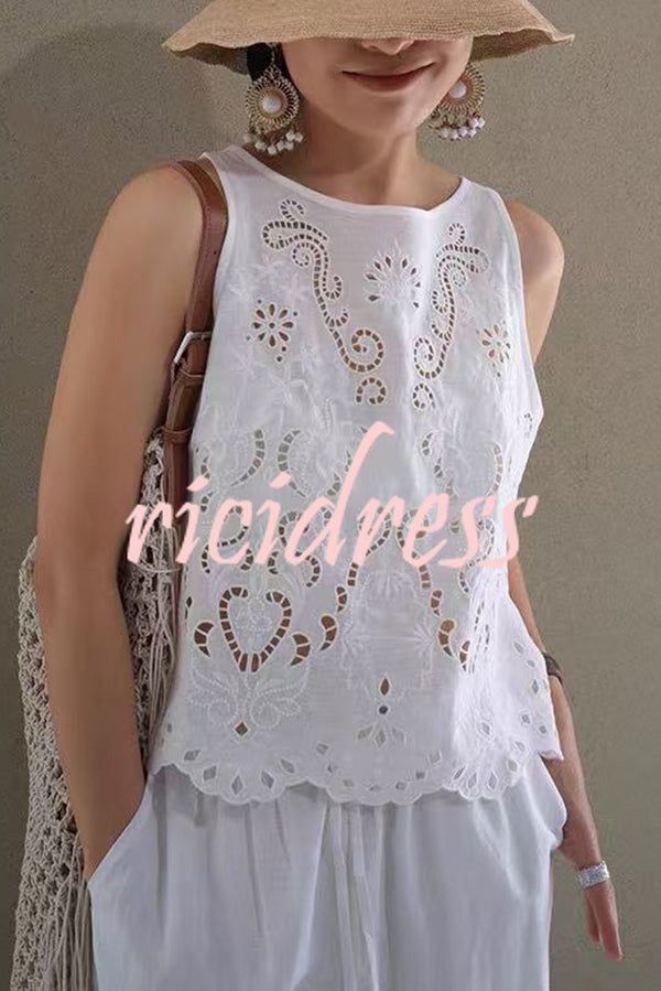 Linen Blend Solid Color Embroidered Hollow Loose Vest and Elastic Waist Casual Pocket Wide Leg Pants Set