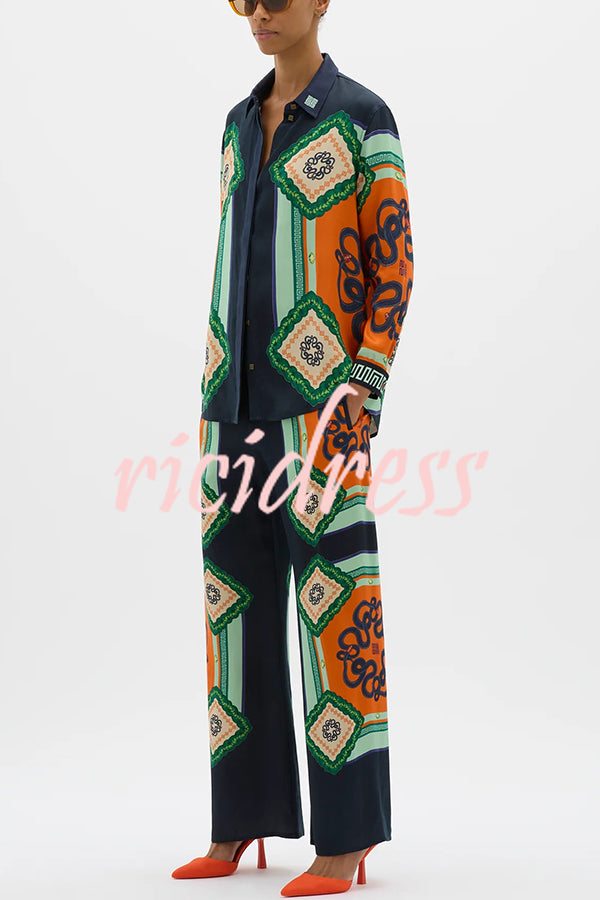 Vacation Times Satin Unique Print Elastic Waist Pocketed Wide Leg Pants