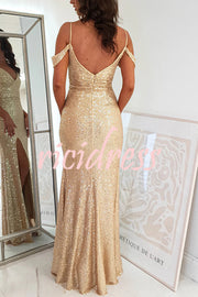 Prom Dreamland Sequin Cold Shoulder Ruched Slit Maxi Dress