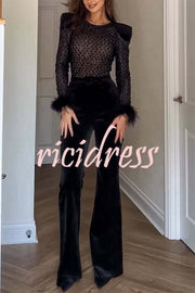 Monique Fish Scale Lace Sequin Velvet Patchwork Feather Trim Belted Stretch Flare Jumpsuit