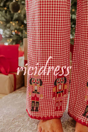 Nutcracker Charm Embroidered Gingham Loose Shirt and Elastic Waist Pajama Set