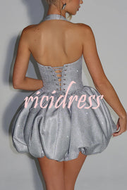 Araminta Glitter Fabric Square Halter Tie Neck Back Lace-up Fluffy Bubble Mini Dress