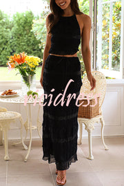 Feel Chic and Romantic Sequin Textured Material Drawstring Waist Tiered Maxi Skirt