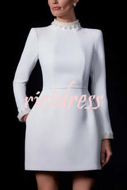Lovers Kiss Pearl Trim High Neck Long Sleeve Pocketed Tulip Mini Dress