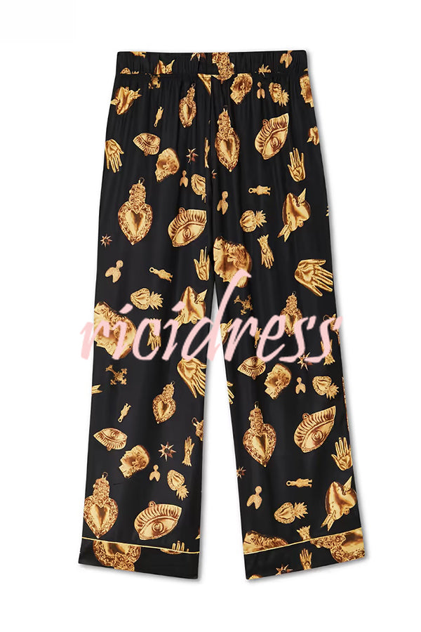 Golden Night Unique Print Color-block Trim Loose Shirt and Elastic Waist Pocketed Pajama Set