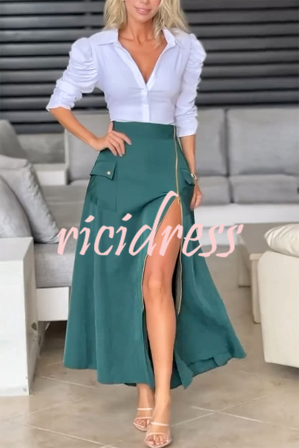 Perfect Shape Elastic Waist Zipper Detail Pocket Cargo Maxi Skirt