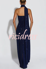 Pandra Glittery Crepe Fabric Off Shoulder Ruched Slit Cape Maxi Dress