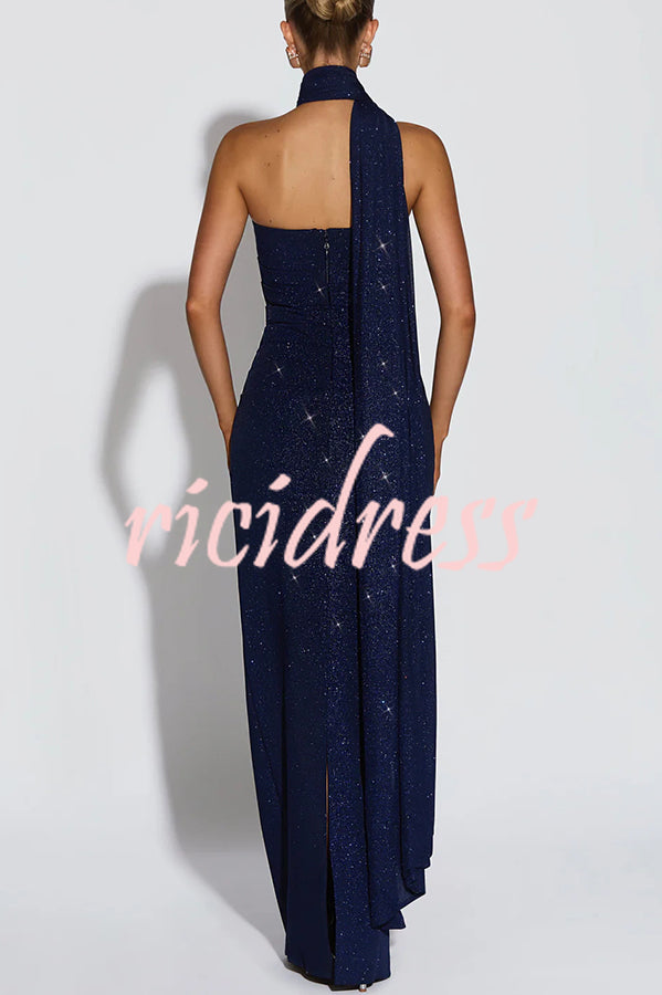 Pandra Glittery Crepe Fabric Off Shoulder Ruched Slit Cape Maxi Dress