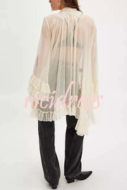 Flowy See-through Ruffle Tie-up Neck Bell Sleeve High-low Hem Cape Shirt