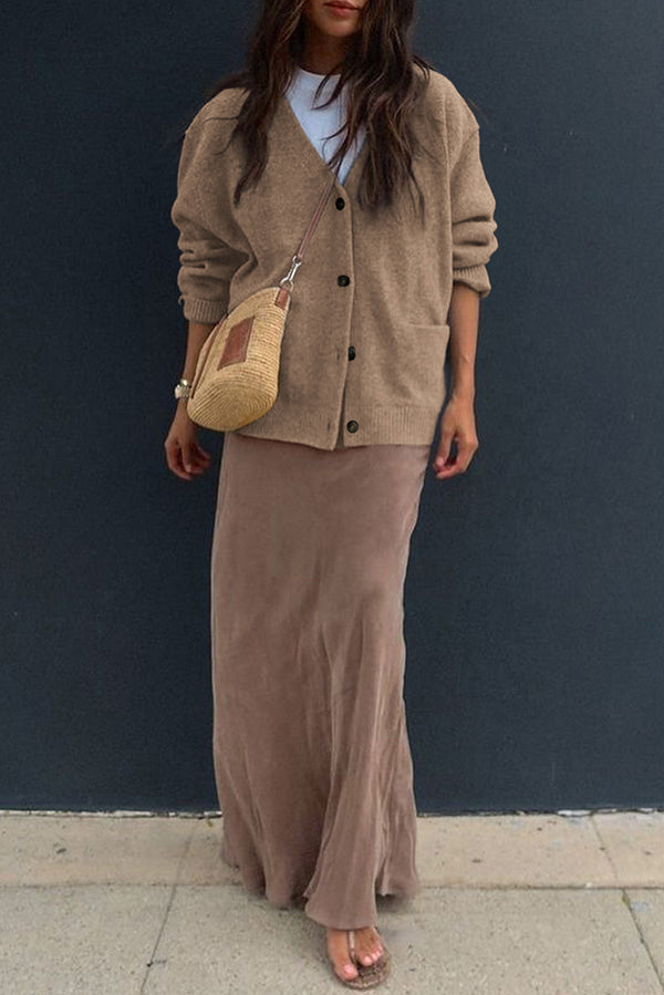 Solid Color V-Neck Button Casual Pocket Knit Cardigan
