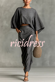 Linen Blend Batwing Sleeve Loose Top and Casual Pocket Maxi Skirt Set