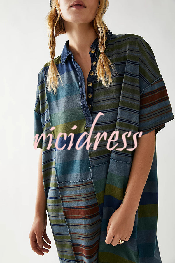 Contrast Striped Patchwork Denim Lapel Loose Casual Mini Dress