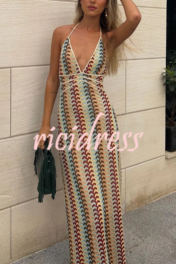 Playful Colorful Knit Holiday Style Halter Neck Maxi Dress