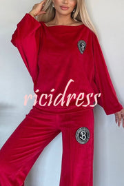 Solid Color Velvet Round Neck Bat Sleeve Casual Top and Elastic Waist Loose Pocket Pants Set