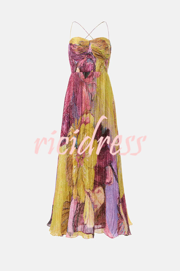 Vibrant and Bold Floral Print Sweetheart Neck Pleated Maxi Dress