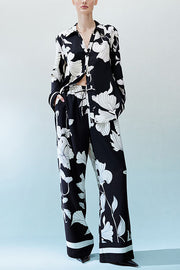Unique Print Lapel Long Sleeve Loose Shirt and Elastic Waist Casual Pocket Wide Leg Pants Set