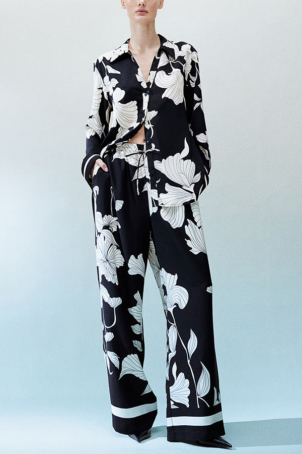 Unique Print Lapel Long Sleeve Loose Shirt and Elastic Waist Casual Pocket Wide Leg Pants Set
