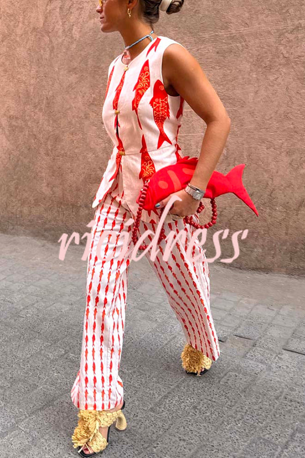 Good Luck Linen Blend Koi Pattern High Rise Elastic Waist Loose Pants