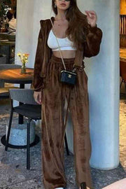 Velvet Casual Zip-up Hooded Top and Elastic Waist Wide Leg Pants Set