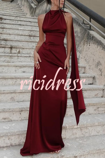 Solid Color Satin Elegant Sleeveless Waist Maxi Dress