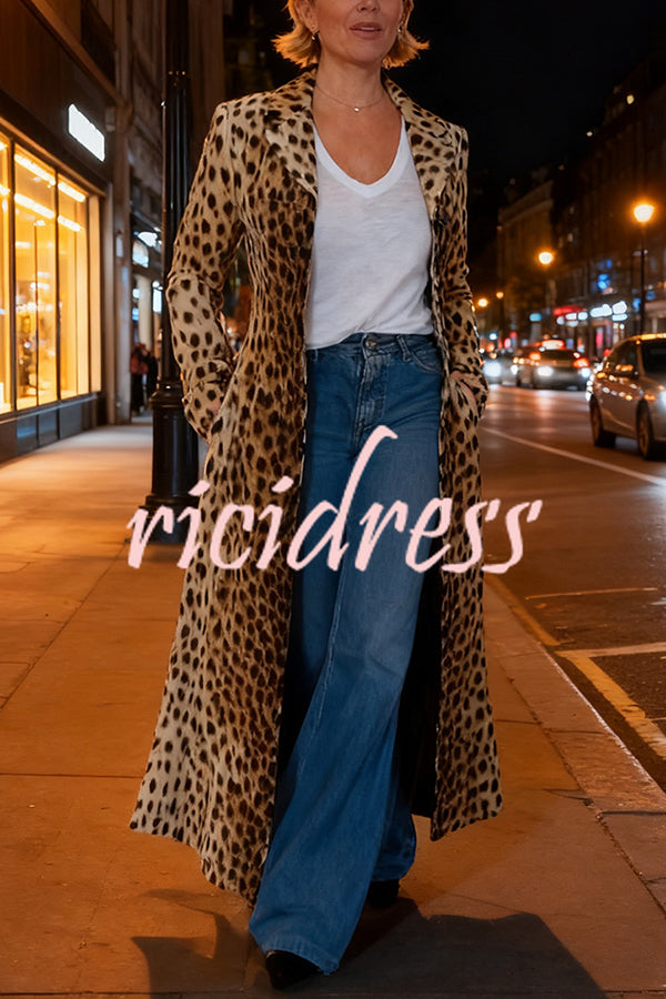Leopard Print Long Sleeve Pocket Casual Maxi Trench Coat