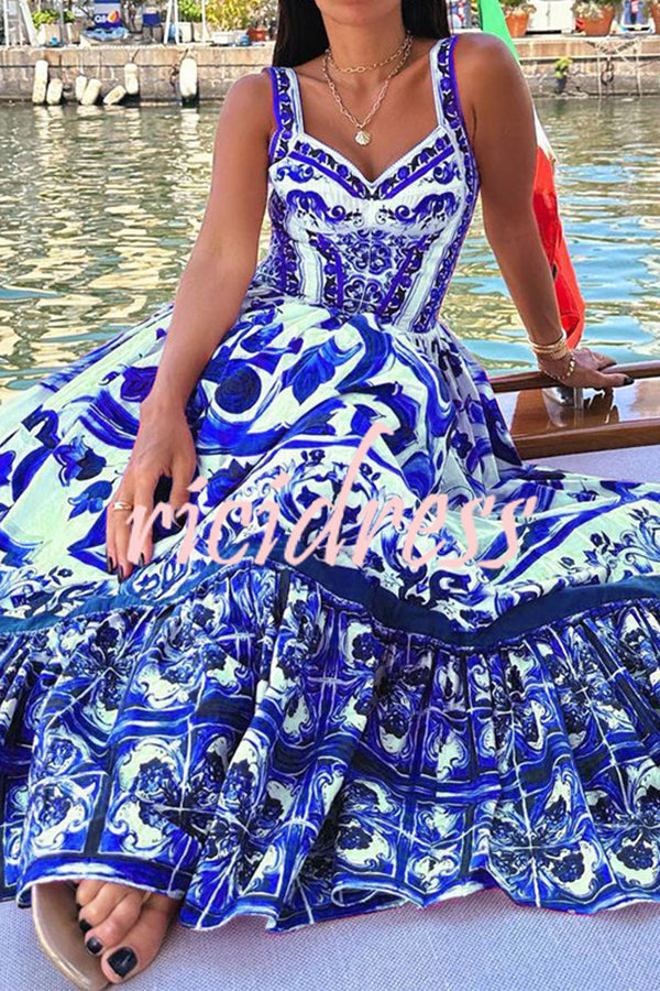 Stunning Floral Print Suspender Patchwork Maxi Dress