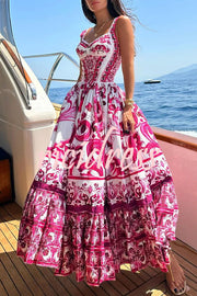 Stunning Floral Print Suspender Patchwork Maxi Dress