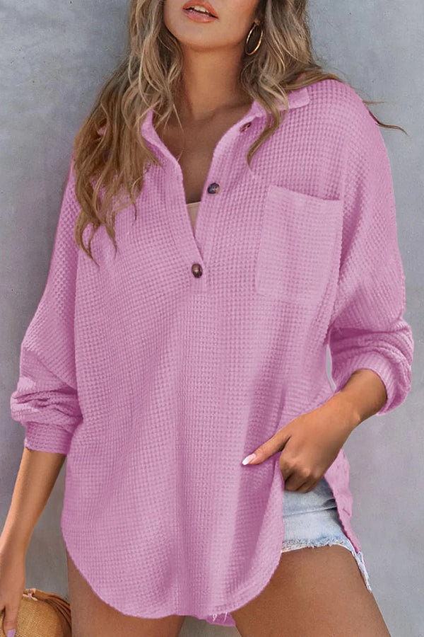 Solid Color Waffle Loose Casual Knitted Pocket Top