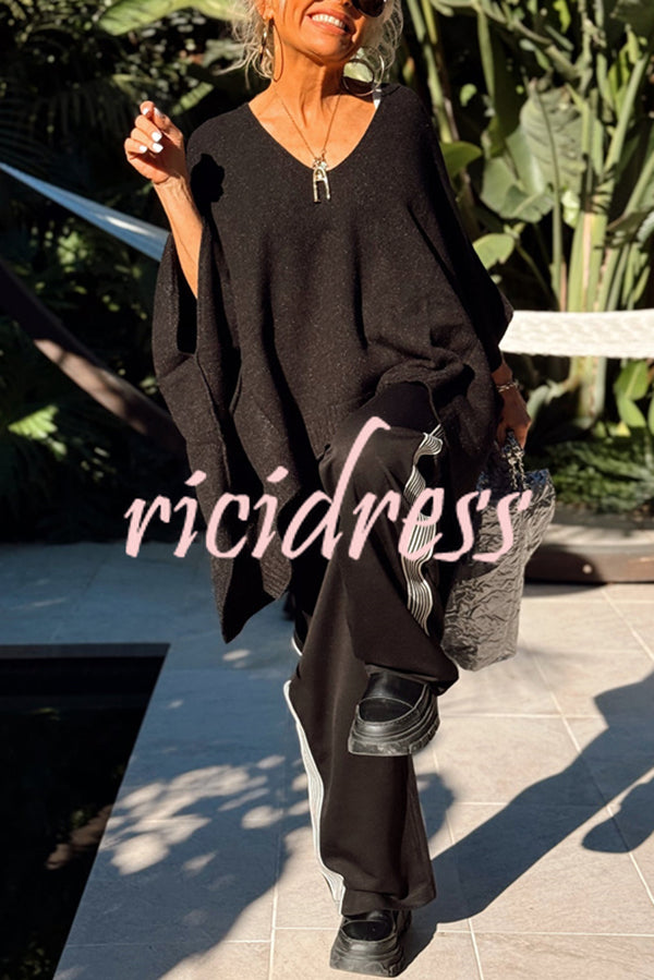 Fashion V-neck Loose Pocket Mid-length Knitted Sweater
