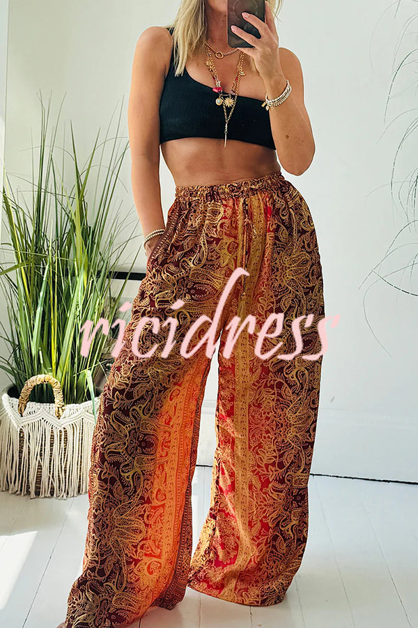 Vintage Boho Ethnic Print High Rise Elastic Drawstring Waist Pocketed Loose Pants