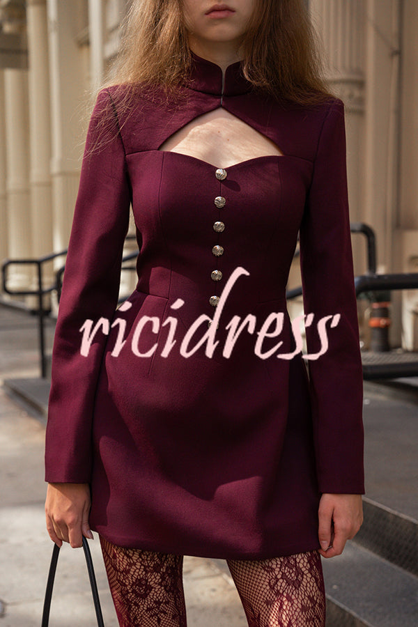 Elegant Long-sleeved Hollowed-out Button-down Slim-fit Mini Dress