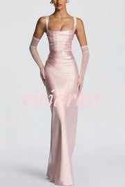 Calanthe Satin Square Neck Ruched Back Lace-up Drape Mesh Scarf Maxi Dress