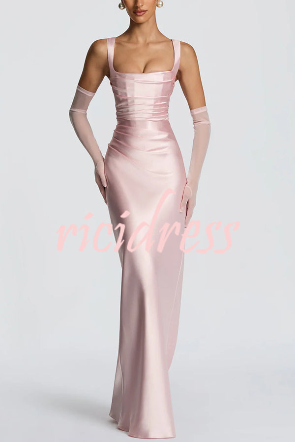 Calanthe Satin Square Neck Ruched Back Lace-up Drape Mesh Scarf Maxi Dress