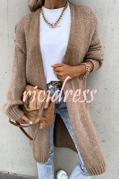 Solid Color V-neck Knitted Long-sleeved Oversized Midi Cardigan