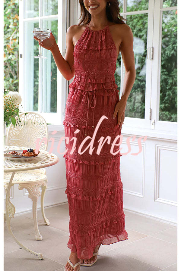 Feel Chic and Romantic Sequin Textured Material Back Elastic Halter Tie Tank and Drawstring Waist Tiered Maxi Skirt Set