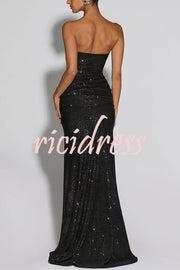 Paula Sequined Mesh and Jersey Off Shoulder Ruched Knot Drape Shawl Maxi Dress