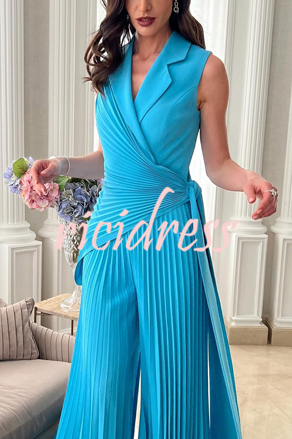 Solid Color Lapel Sleeveless Waist Tie Pleated Wide-leg Jumpsuit