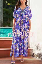 Floral Print V-Neck Lace-Up Loose Holiday Cover-Up Maxi Dress