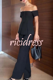 Solid Color Off-the-shoulder Single-breasted Top and Casual Pocket Straight-leg Pants Set