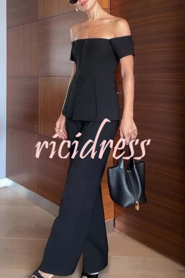 Solid Color Off-the-shoulder Single-breasted Top and Casual Pocket Straight-leg Pants Set